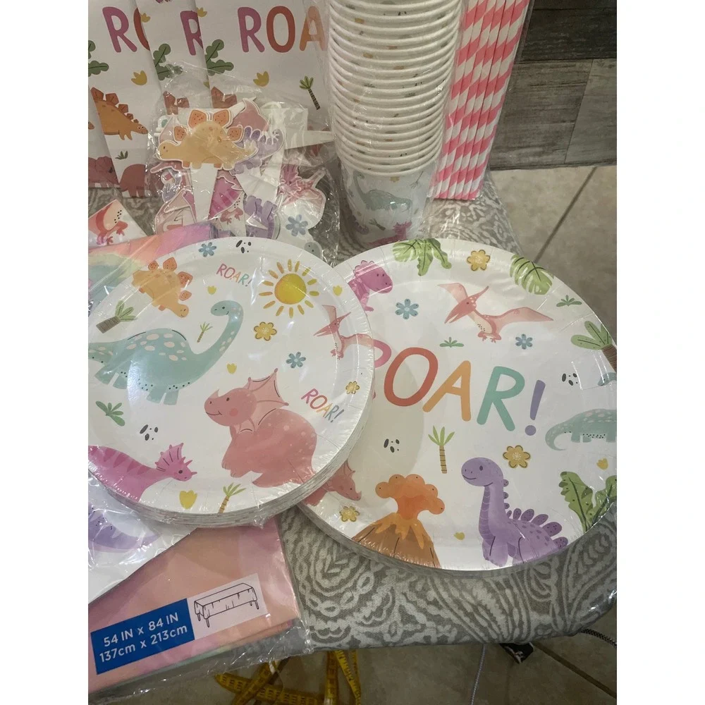 Pink Dinosaur Birthday Party Supplies Set Plates Cups Napkin Tablecloth Bag Roar